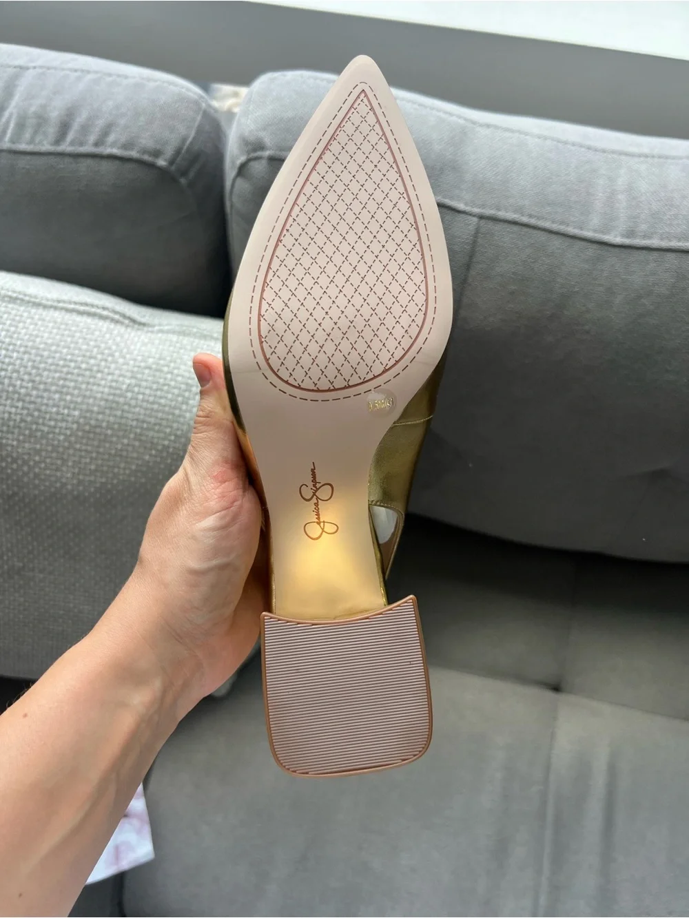 Jessica Simpson Gold Metallic Block Heel Pumps with Chain Ankle Strap